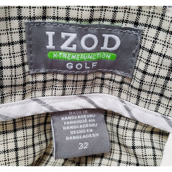 IZOD Shorts Men's Golf Flat Front Lightweight Pocketed Size 32 Beige Black Plaid - Picture 3 of 3
